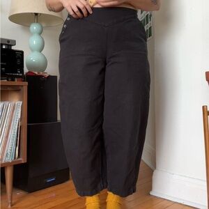 Black Barrel-Leg Pants with Side Buttons and Elastic Waist